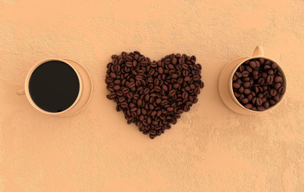 咖啡杯和逼真的咖啡豆心平躺，3d渲染背景。大量的咖啡豆靠近。图片下载