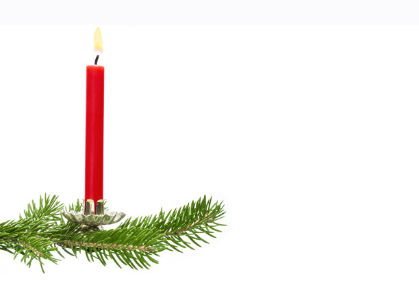 白底上孤立着杉树枝和红烛图片下载