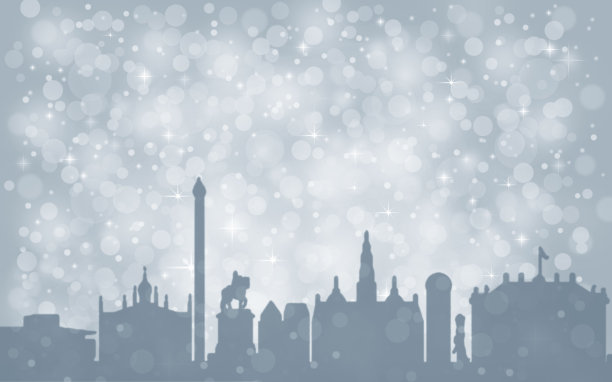 哥本哈根城市剪影，银色抽象雪花飘落的圣诞冬季图片下载