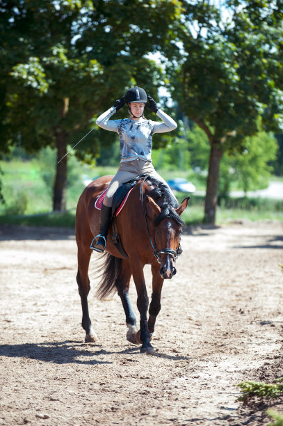 年轻漂亮的女孩在骑马训练过程中图片下载