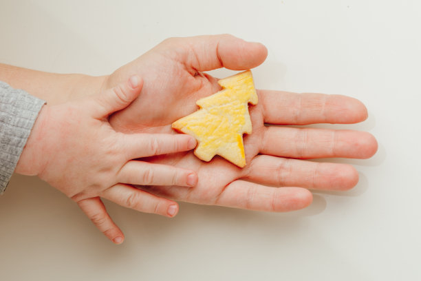 妈妈和孩子手里拿着一个圣诞树饼干图片下载