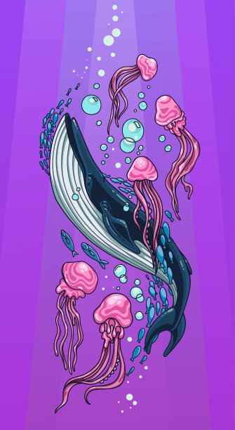 鲸鱼和水母一起游泳图片下载