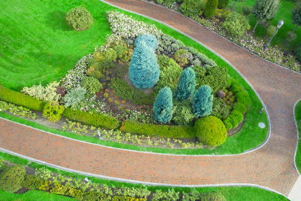 公园内的花坛，铺砌的小径和草坪，鸟瞰图。图片下载