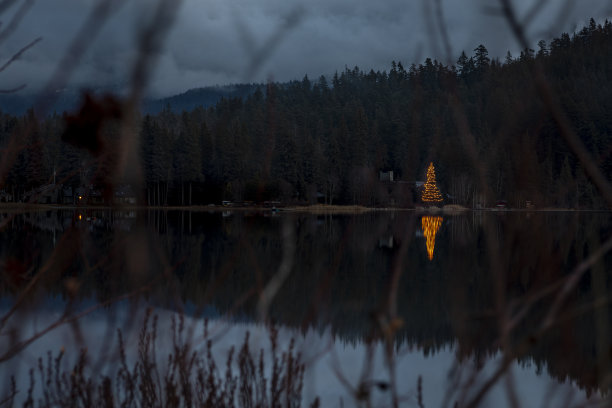 圣诞树灯倒映在湖与山景。图片下载