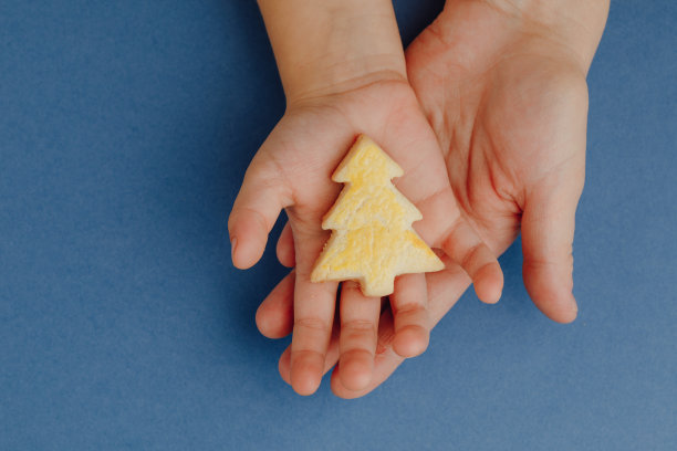 妈妈和孩子拿着一个圣诞树饼干在手里，蓝色的纸背景图片下载