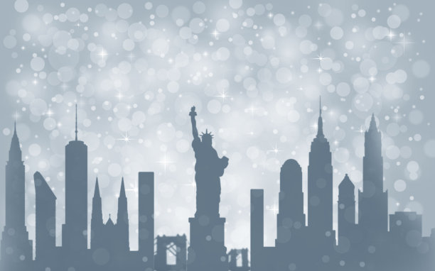 纽约城市剪影，银色抽象雪花飘落的冬季圣诞节图片下载