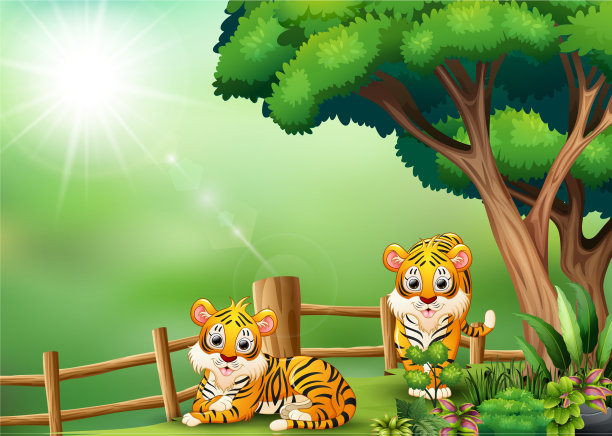 卡通中的两只老虎在丛林中图片下载