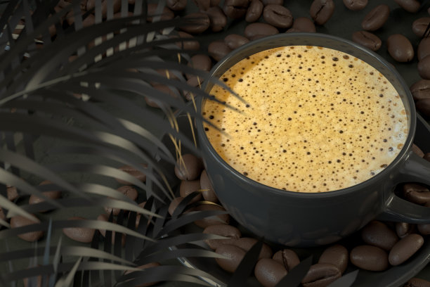 咖啡杯配咖啡豆，黑色背景图片下载