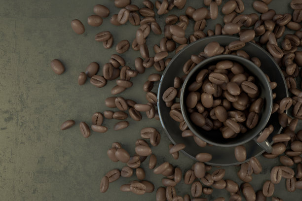 咖啡杯配咖啡豆，黑色背景图片下载