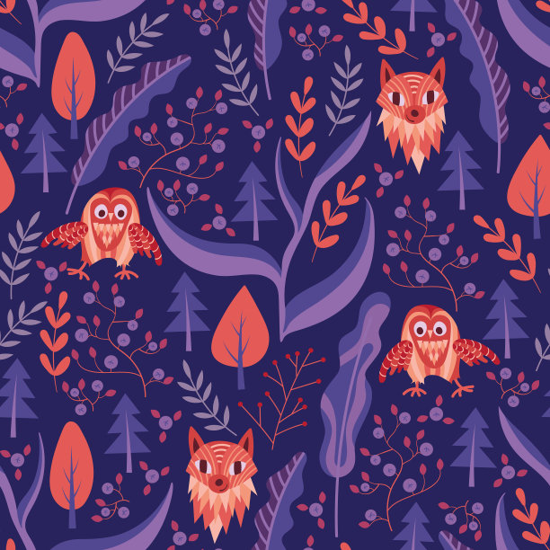 林地无缝图案与可爱的猫头鹰和狐狸图片下载
