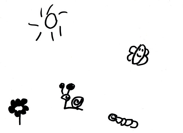 孩子们画蜗牛、毛毛虫、蝴蝶和花图片下载