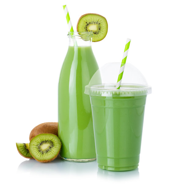 绿冰沙果汁饮料吸管猕猴桃在瓶子和杯子上隔离白色图片下载