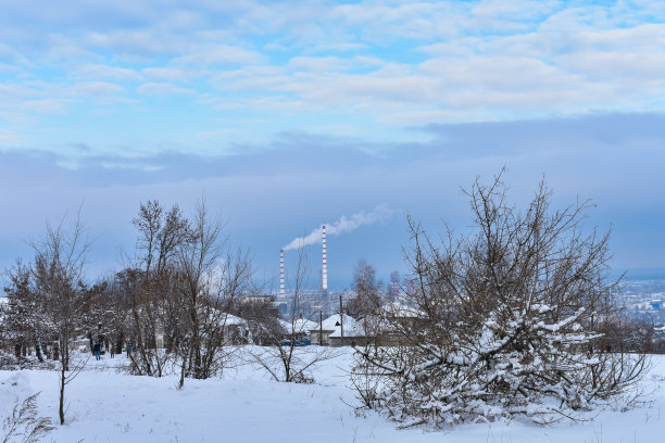 城市景观。树被雪覆盖着。居民区烟囱冒烟。生态概念的形象。工厂在冬季排放有害物质污染大气。图片下载