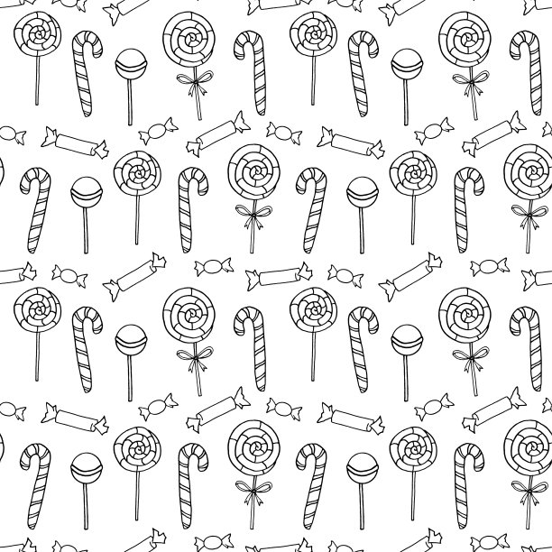 无缝图案与轮廓糖果手杖，糖果，棒棒糖。手绘美味的假期背景和纹理。用于贺卡，封面，包装纸，织物，印刷，着色书图片下载