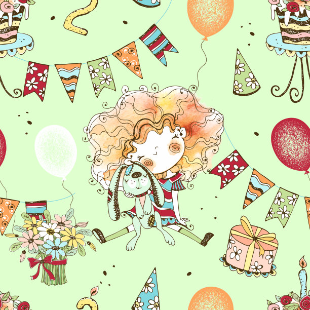 无缝模式与一个可爱的女孩与兔子为她的生日。水彩和图形在涂鸦风格。向量图片下载