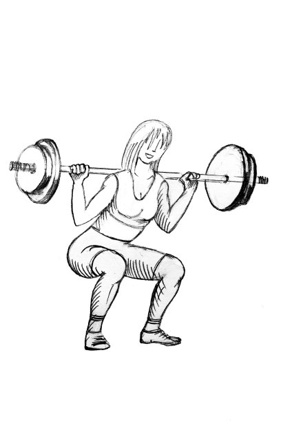 这个女孩参加运动，举重。用运动杠铃做下蹲。欧洲血统的白种人。矢量图图片下载