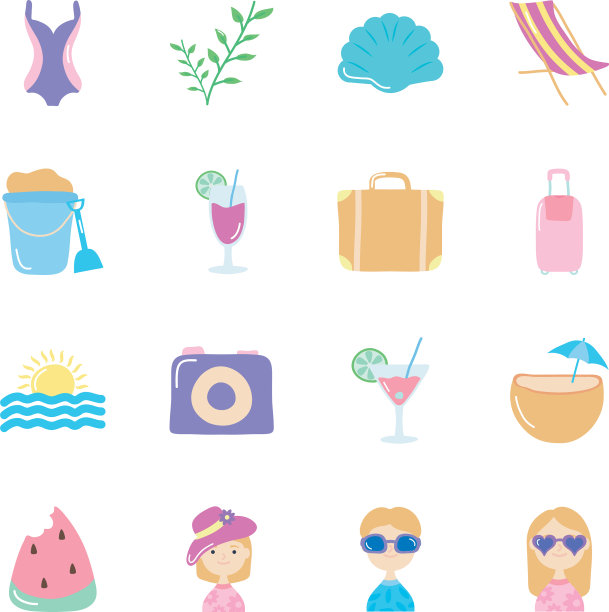 植物和夏季图标设置扁平风格图片下载