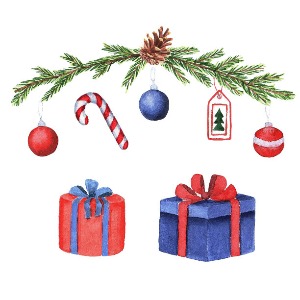 水彩圣诞元素集。手绘插图上的白色背景。圣诞元素贴纸、卡片、请柬、背景等图片下载