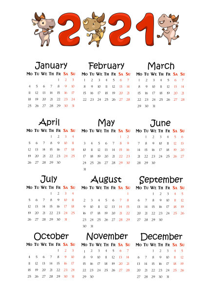 2021年垂直日历A4纸格式。可爱的牛年生肖动物人物。儿童房的日历图片下载