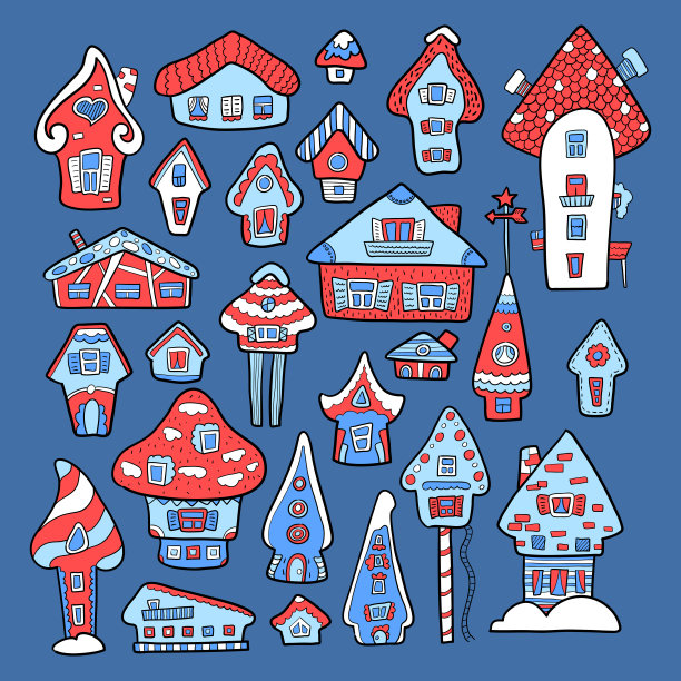 涂鸦房屋矢量插图。红蓝色冬季季节印花。儿童托儿所海报。降临节日历模板图片下载