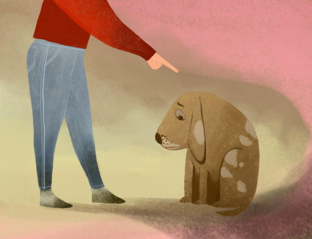 有罪的狗和教育的插图。女主人用手指着狗骂它。狗的内疚，狗主人的愤怒图片下载