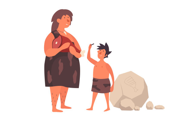 一个原始的女人，穿着她的皮肤，拿着肉和她的孩子说话。图片下载