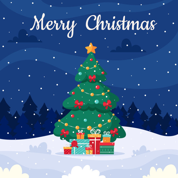 圣诞快乐。冬季景观与圣诞树和礼物。矢量插图。图片下载