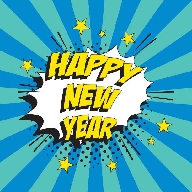 短语“新年快乐”在复古波普艺术的演讲气泡与半色调虚点阴影在复古波普艺术风格在丰富多彩的背景。漫画矢量插图易于编辑和自定义。每股收益10图片下载