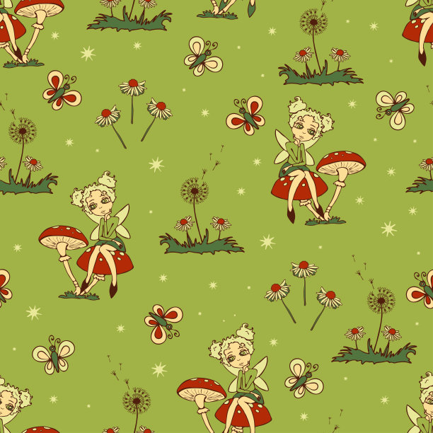 无缝矢量模式与仙女和蘑菇在绿色背景。梦幻森林壁纸设计的儿童。卡通魔术时尚纺织品。图片下载