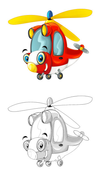 卡通素描场景与消防员直升机-插图图片下载