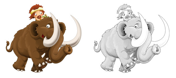 卡通素描：快乐的穴居女人骑在猛犸象上图片下载