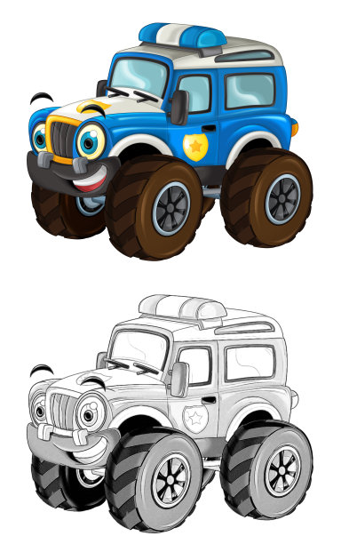 卡通素描场景与非公路警车-插图图片下载