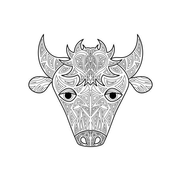 成人和儿童涂色书牛或牛，雕刻或印刷产品。手绘轮廓矢量插图图片下载