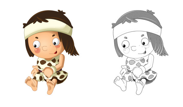 卡通短剧场景与快乐的山原人野蛮战士与矛在白色背景插图图片下载