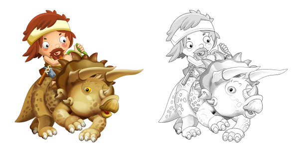 卡通快乐的小品场景与穴居人三角龙在白色的背景-插图图片下载