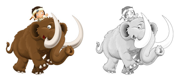 卡通素描：快乐的穴居女人骑在猛犸象上图片下载