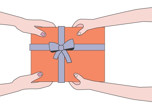 俯视图的女性和孩子的手拿着红色的礼品盒与缎带在柔和的背景。礼物献给Motherâ的日子，Womenâ的日子，生日，圣诞节，新年。向量图片下载