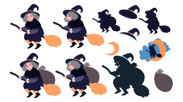 Buona Befana快乐顿悟贺卡元素设置与老巫婆飞行在扫帚在晚上带来的礼物。手绘平面矢量插图。图片下载