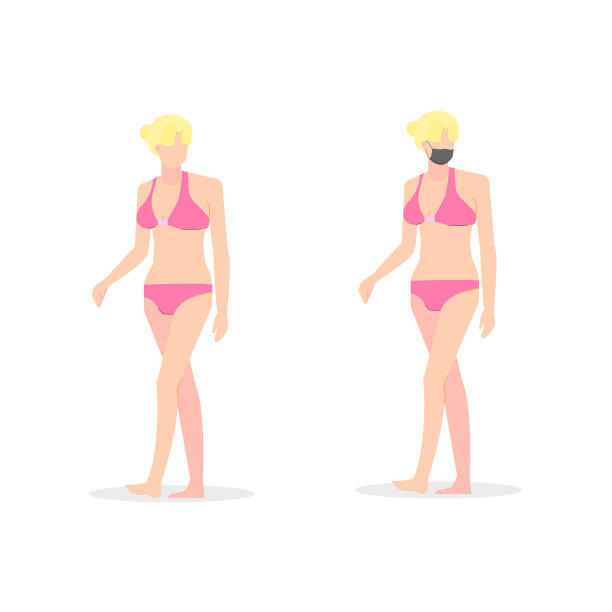 美丽的年轻女子走路姿势戴着两件和黑色面具。卡通女孩苗条矢量插图。女性海滩旅游图片下载