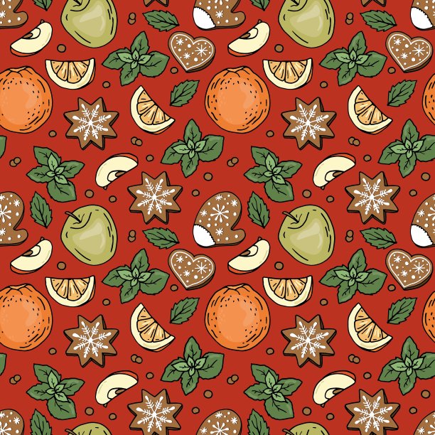 用姜饼、橘子、苹果和薄荷做成的圣诞无缝图案。面料，纺织品，包装，壁纸设计。图片下载