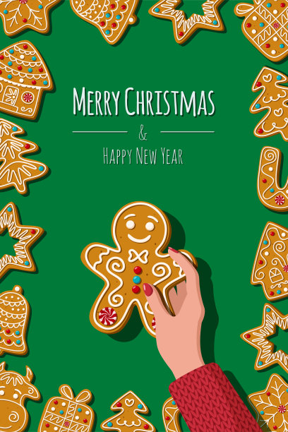 女人的手牵着姜饼男人。绿色背景的自制贺卡饼干。向量图片下载