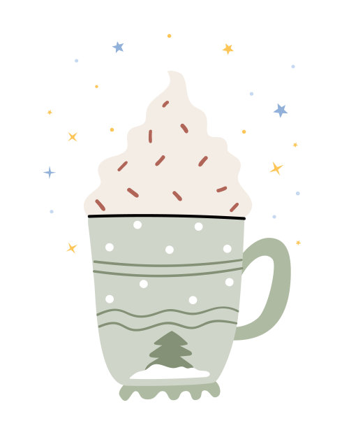 在一个可爱的冬季杯子里，可可和掼奶油。冬天喝热巧克力。寒冬假日季节暖可可插画。图片下载