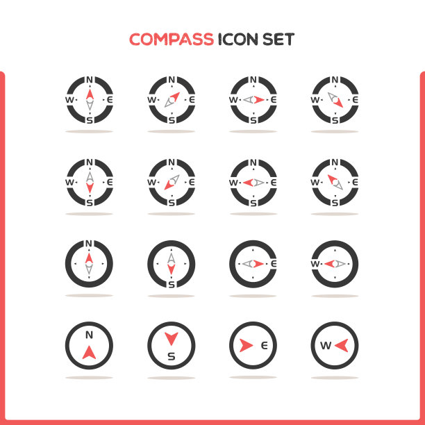 罗盘图标集。颜色图标设置与圆形阴影。矢量图图片下载