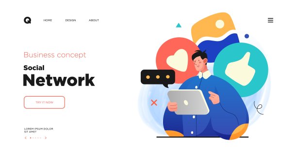 社交媒体网络和数字传播概念。网站登陆页面模板设计。网页布局与现代商业概念插图。图片下载