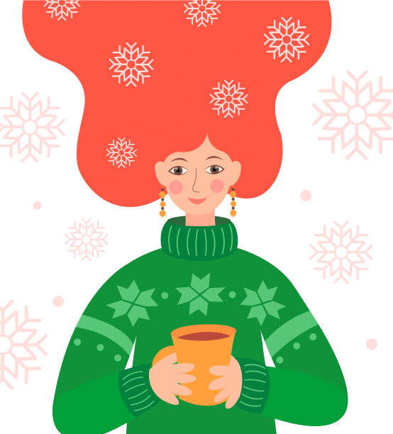 一个手捧一杯茶，一头蓬松的红发，雪花飘飘的女孩。图片下载