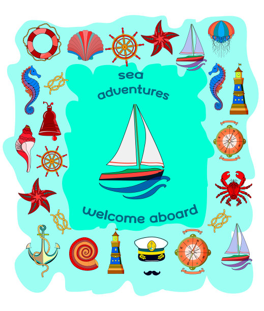 明信片海上旅行。一组航海属性。一个由美丽的贝壳、灯塔、方向盘、指南针和海马组成的框架。矢量插图。图片下载