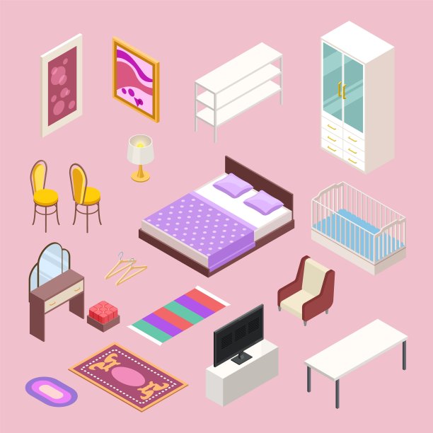 卧室家具等距。向量床，枕头，橱柜，衣柜，椅子，地毯，灯，书架图片下载