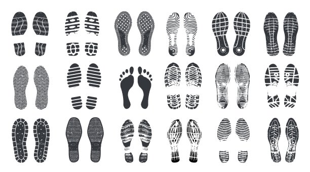 足迹的步骤。赤脚，运动鞋和鞋子的脚步与垃圾纹理。脚印印，脚印矢量剪影图片下载