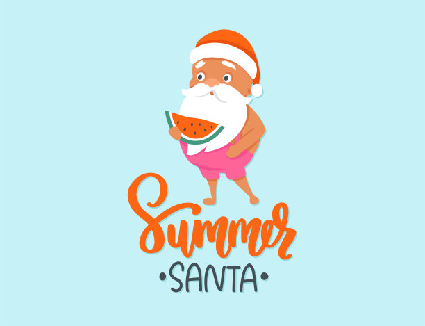 西瓜圣诞老人的夏季插画。海边圣诞快乐。热带圣诞和新年快乐贺卡。图片下载