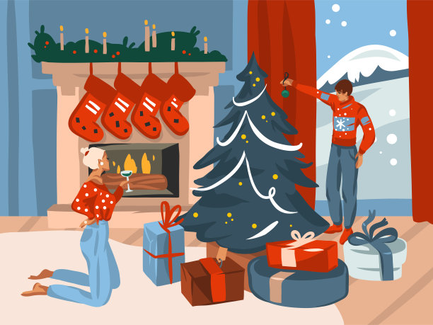 手绘矢量抽象有趣的股票平圣诞快乐，和新年快乐的卡通圣诞贺卡可爱的插图夫妇在家里接吻在白色的背景孤立图片下载